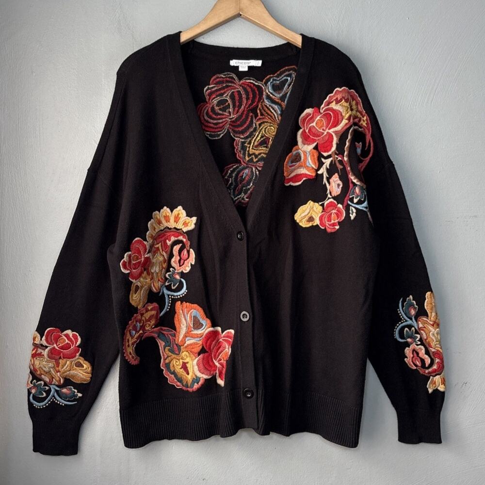 Chicos Black Embroidered Floral Cardigan 3 Size XL Cottage Boho Dark Romantic